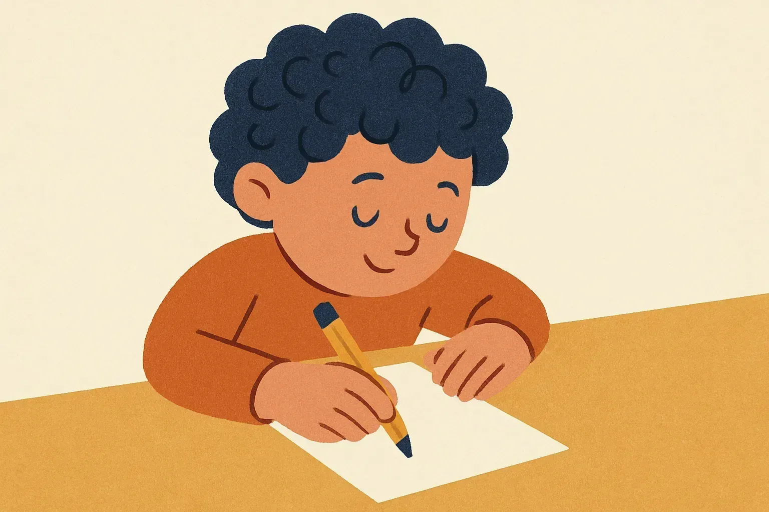 A left-handed child writing with the paper tilted to the right so the hand stays below the line