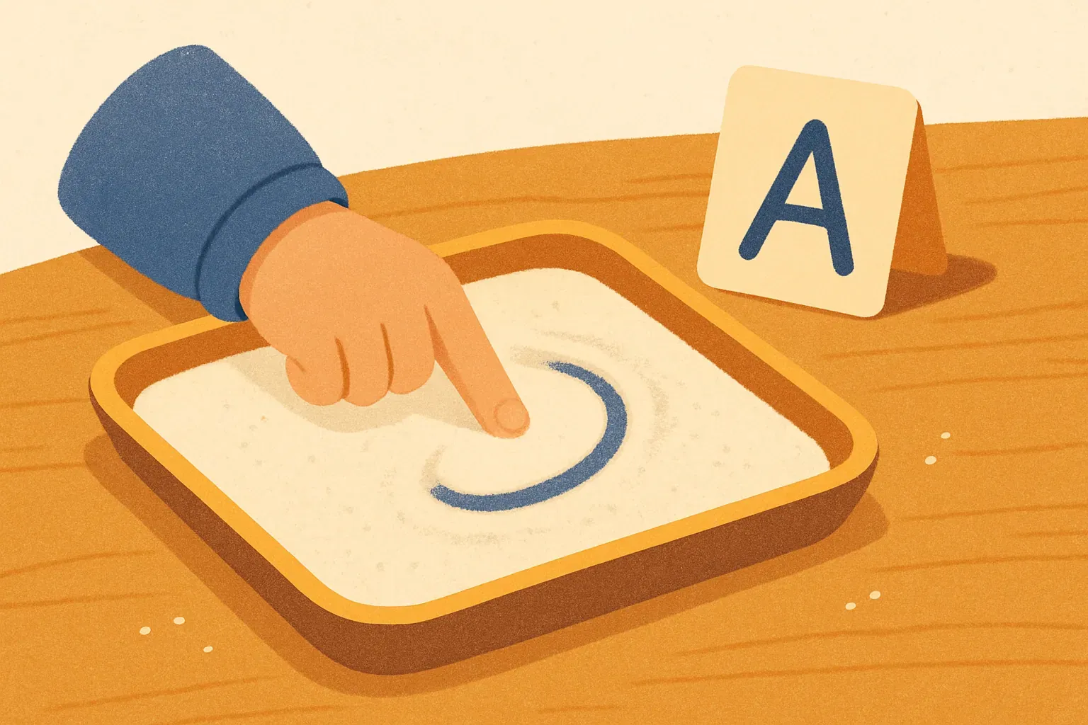 Ein Kind spurt mit dem Finger einen Buchstaben in einer flachen Schale mit Salz auf dem Küchentisch