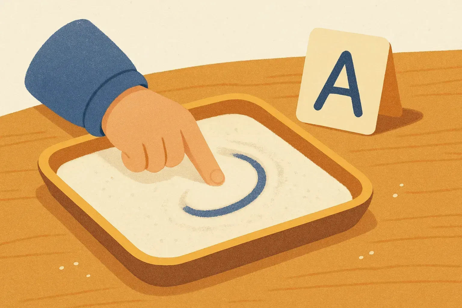 A child tracing a letter with a finger in a shallow tray of salt on a kitchen table