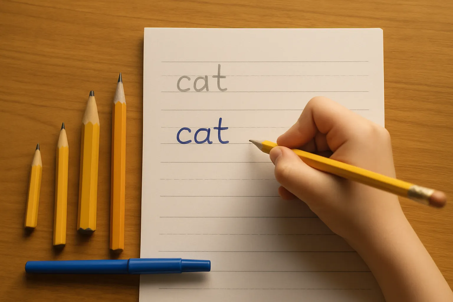 Pencils and a pen laid beside lined handwriting paper: a short golf pencil, standard pencils, a thick jumbo pencil and a blue fiber-tip handwriting pen, with a child's hand holding a standard pencil in a tripod grip beside a row of pencil letters and a row of pen letters