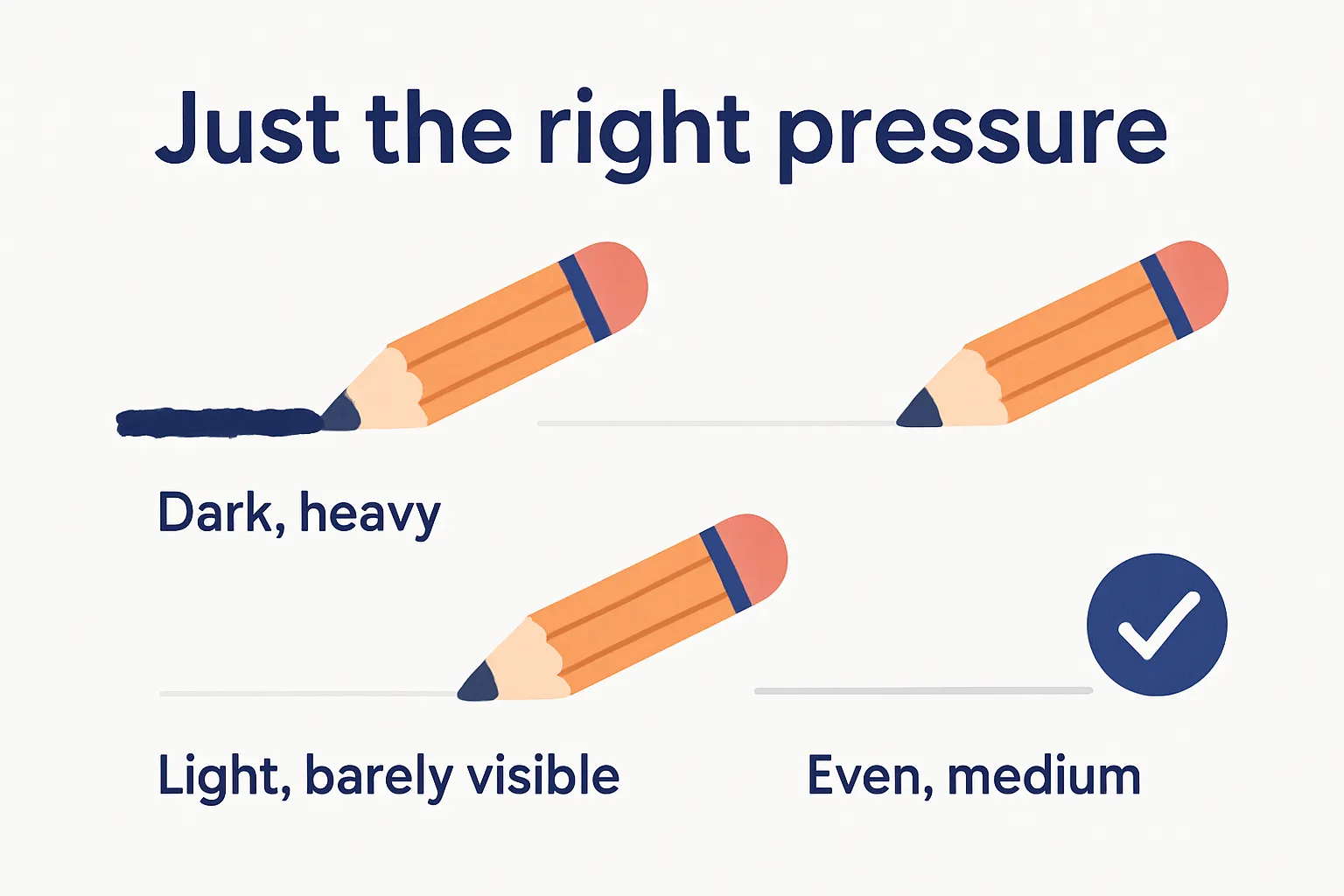 Three pencil strokes: too heavy, too light, and an even stroke marked with a check