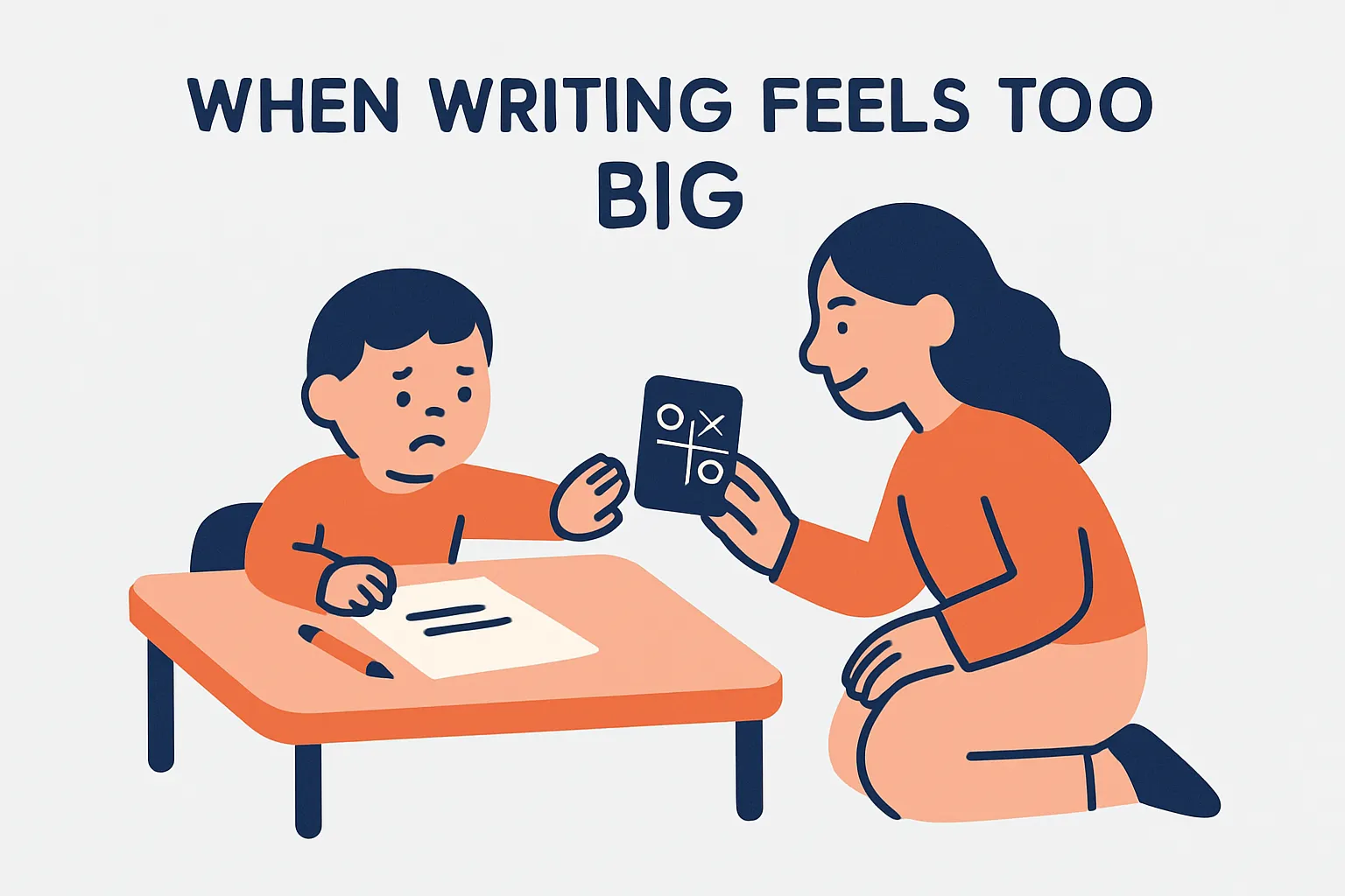 A parent kneels beside a child who has pushed away paper and pencil, offering a writing game instead
