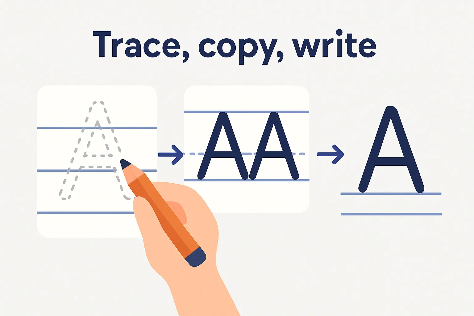 Three steps for the letter A: trace the outline, copy next to a model, then write it from memory