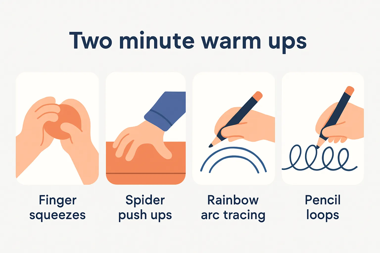 Four quick warm ups: finger squeezes, spider push ups, rainbow arcs, and pencil loops