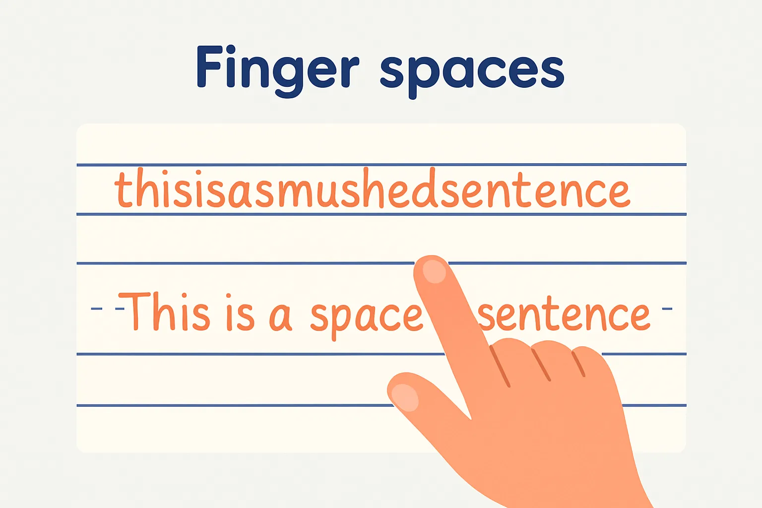A finger placed between two words on ruled paper, with a squashed sentence above and a spaced sentence below