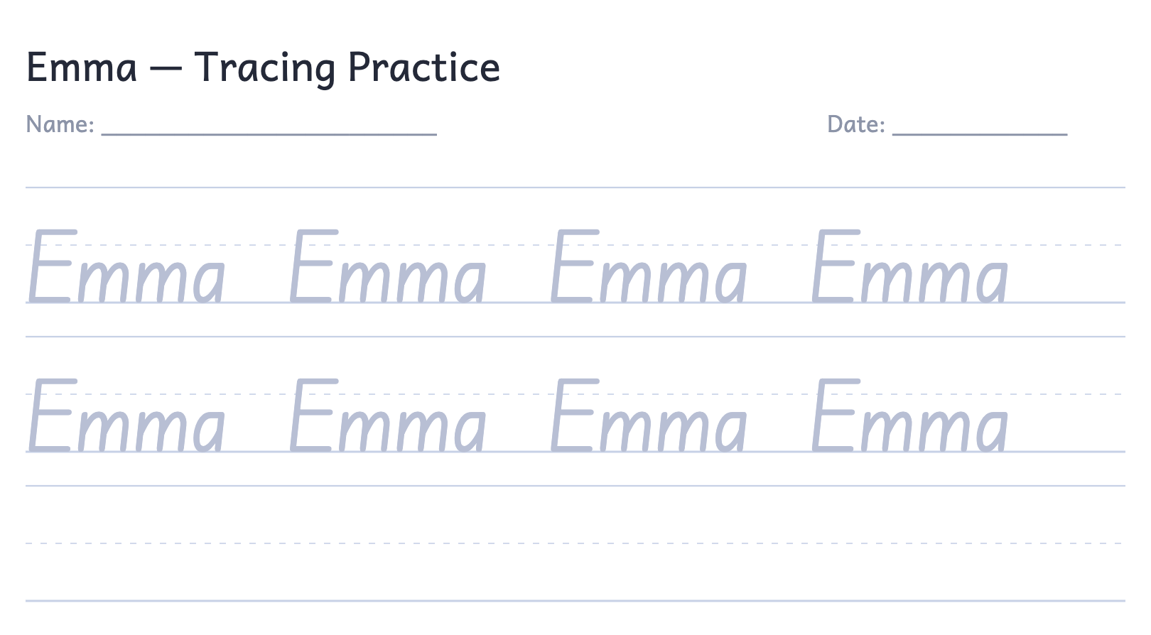 Example name-tracing worksheet showing the name Emma as light-gray solid trace letters on three-line handwriting rule
